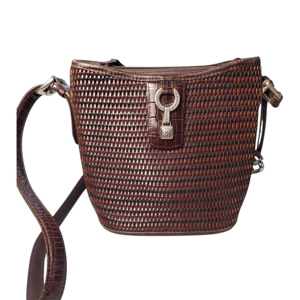 Brighton Vntg Brown Weaved Leather Bucket Bag, Crossbody Purse, Heart Bag Charm